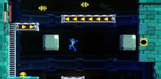 Mega Man 11 fase do Block Man contra blocos e esteiras